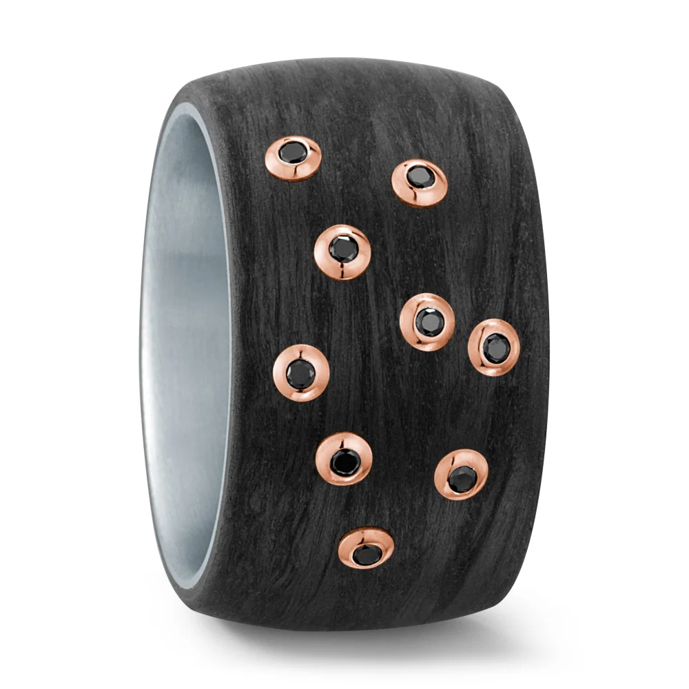 Anello Acciaio inossidabile, Carbonio, Oro rosso 750/18 carati Diamante nero, 0.09 ct, tw-si