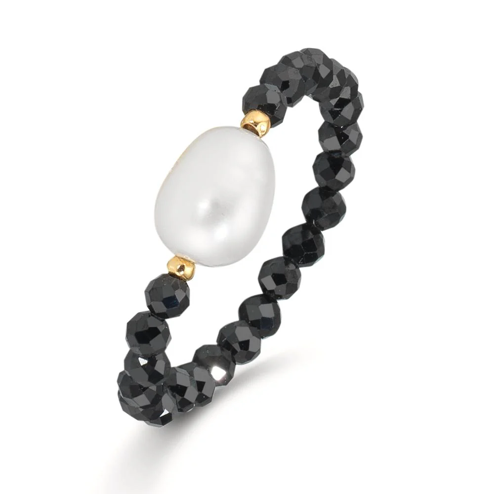Anello Acciaio inossidabile Cristallo nero, 2.5 mm giallo rivestimento IP Perla coltivata d'acqua dolce, 5.5 mm