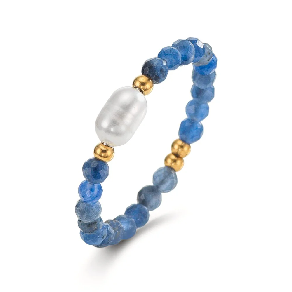Anello Acciaio inossidabile Sodalite blu, 2 mm giallo rivestimento IP Perla coltivata d'acqua dolce, 3.5 mm
