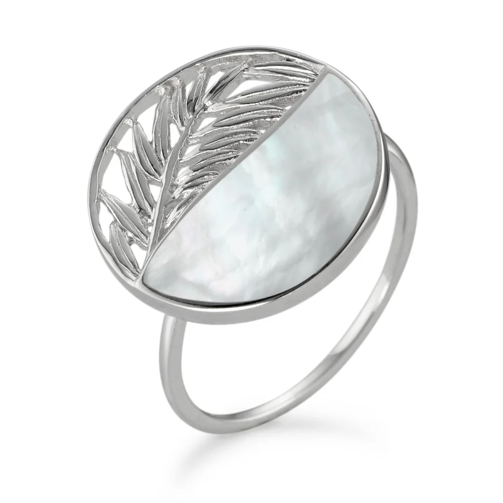 Anello Argento rodiato Madreperla bianco Foglio Ø16 mm
