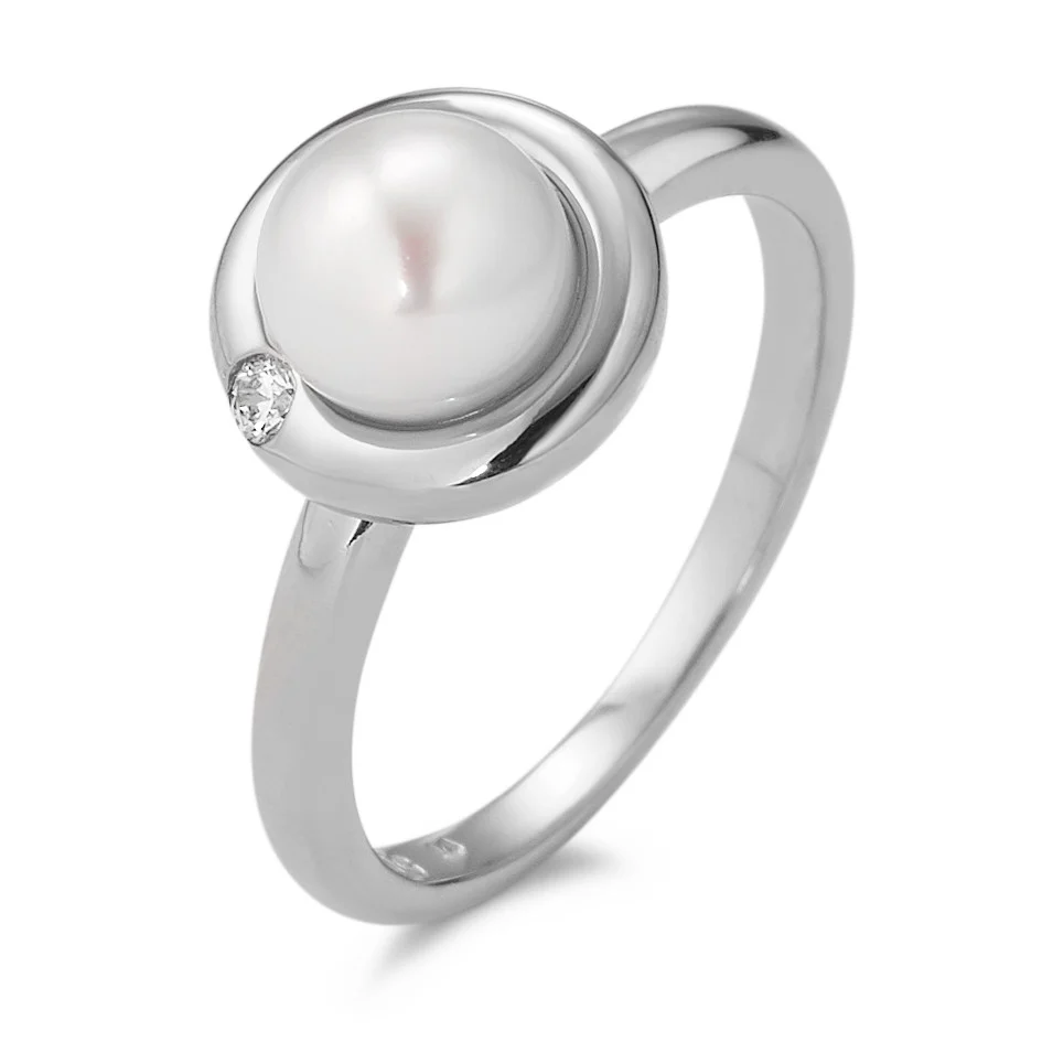 Anello Argento Zirconia rodiato Perla coltivata d'acqua dolce bianco, 7 mm