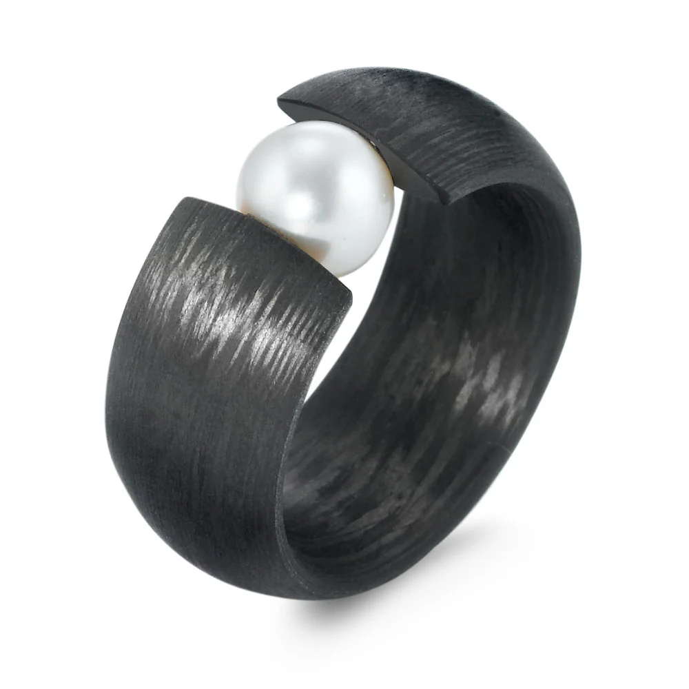 Anello Carbonio Perla coltivata d'acqua dolce bianco, 7 mm