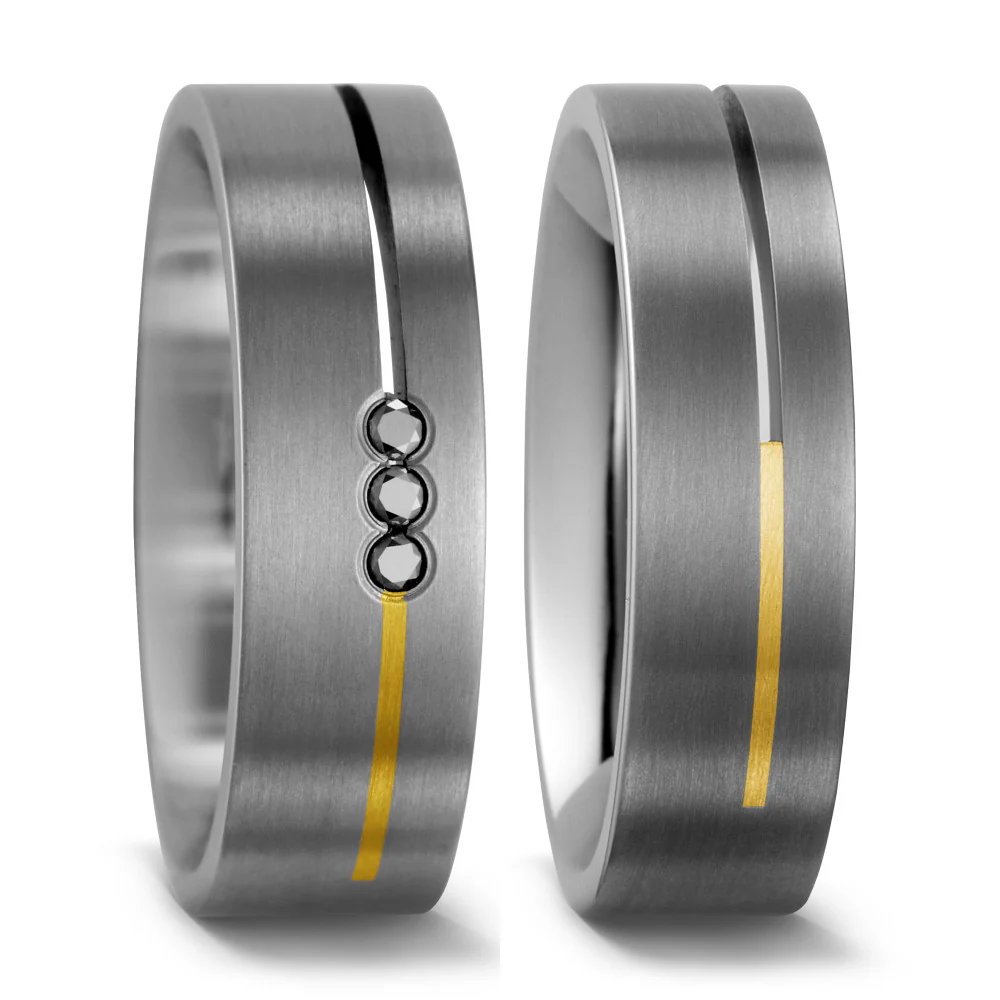 Anello del partner Titanio, Oro giallo 750/18 carati Diamante nero, 0.06 ct, 3 pietra, w-si - Image 3
