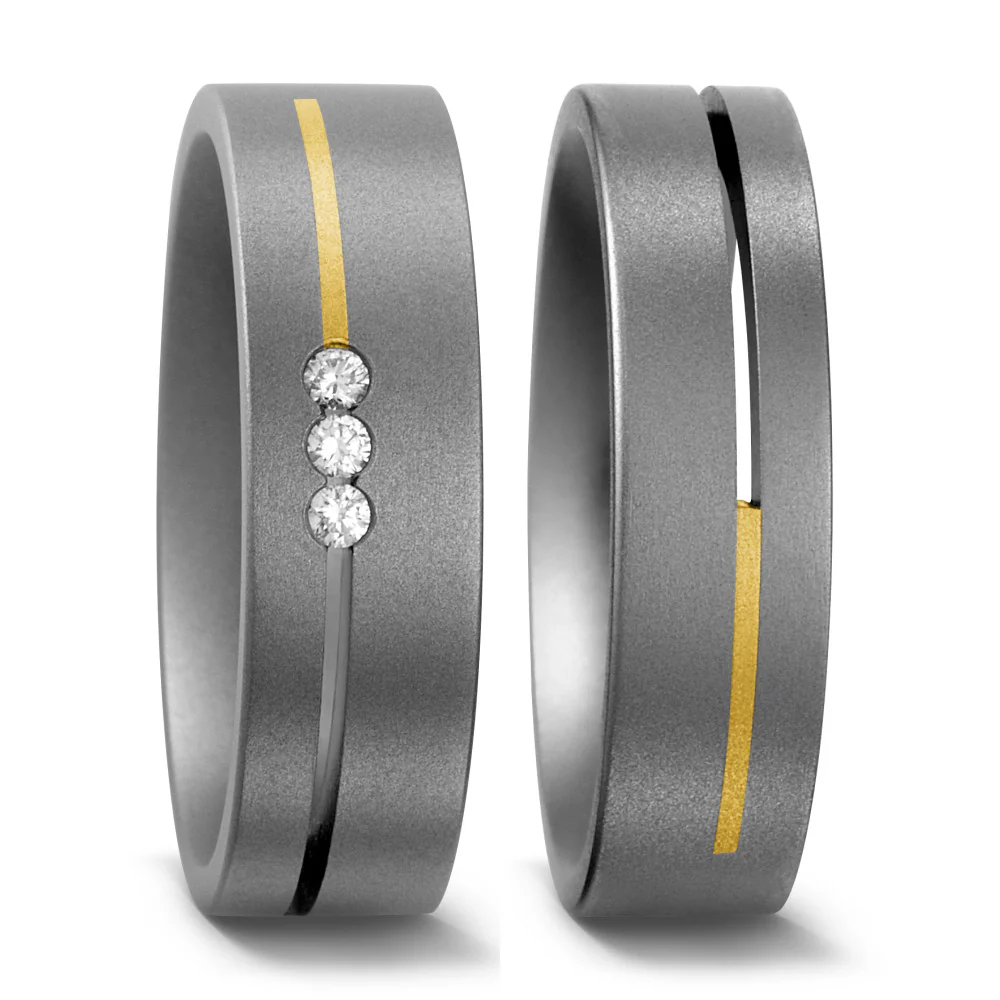 Anello del partner Titanio, Oro giallo 750/18 carati Diamante 0.06 ct, 3 pietra, w-si - Image 2