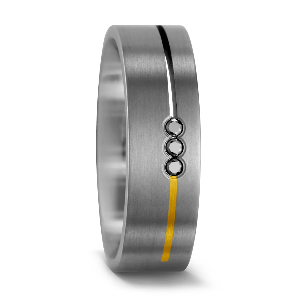 Anello del partner Titanio, Oro giallo 750/18 carati Diamante nero, 0.06 ct, 3 pietra, w-si