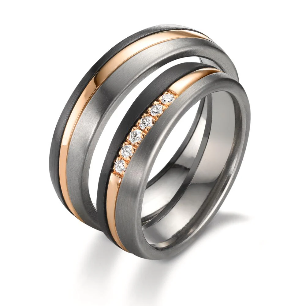 Anello del partner Zirconio, Oro rosa 585/14 kt, Titanio Diamante 0.10 ct, 6 pietra, w-si - Image 3
