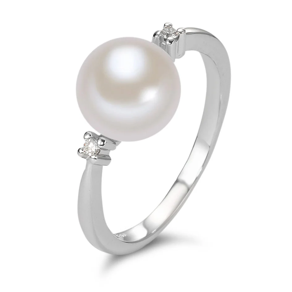 Anello Oro bianco 375/9K Diamante bianco, 0.02 ct, 2 pietra, [Brillant], p1 Perla coltivata d'acqua dolce bianco 8-8.5 mm
