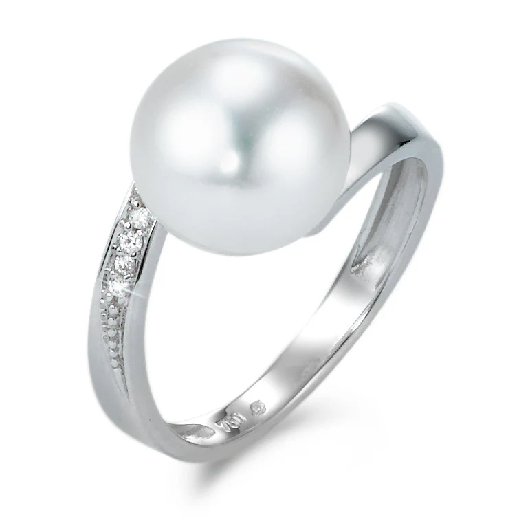 Anello Oro bianco 750/18 carati Diamante 0.02 ct, 4 pietra, [Brillant], w-si Perla coltivata d'acqua dolce 9-10 mm