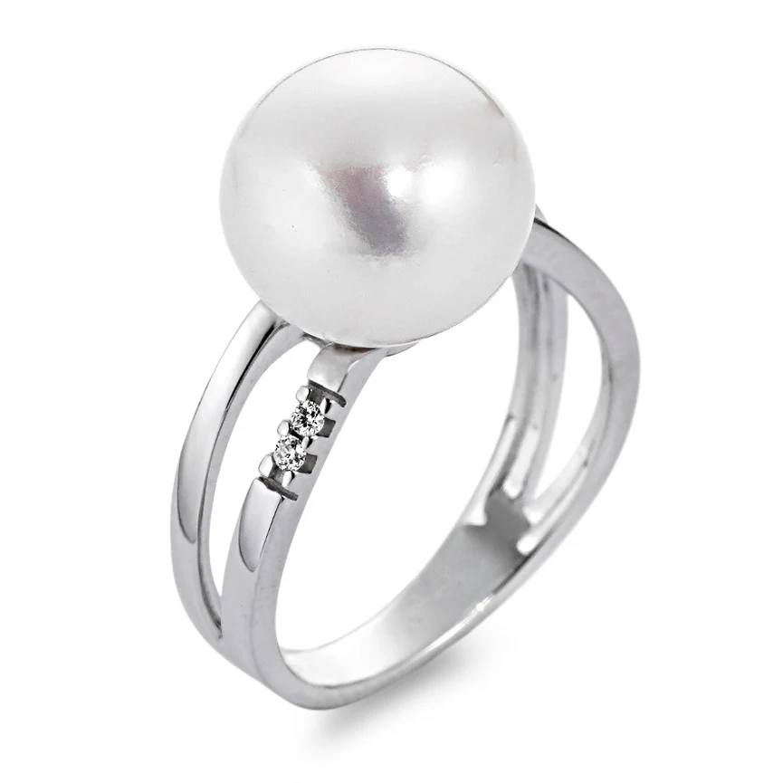 Anello Oro bianco 750/18 carati Diamante 0.03 ct, 4 pietra, w-si Perla coltivata d'acqua dolce bianco 10-11 mm