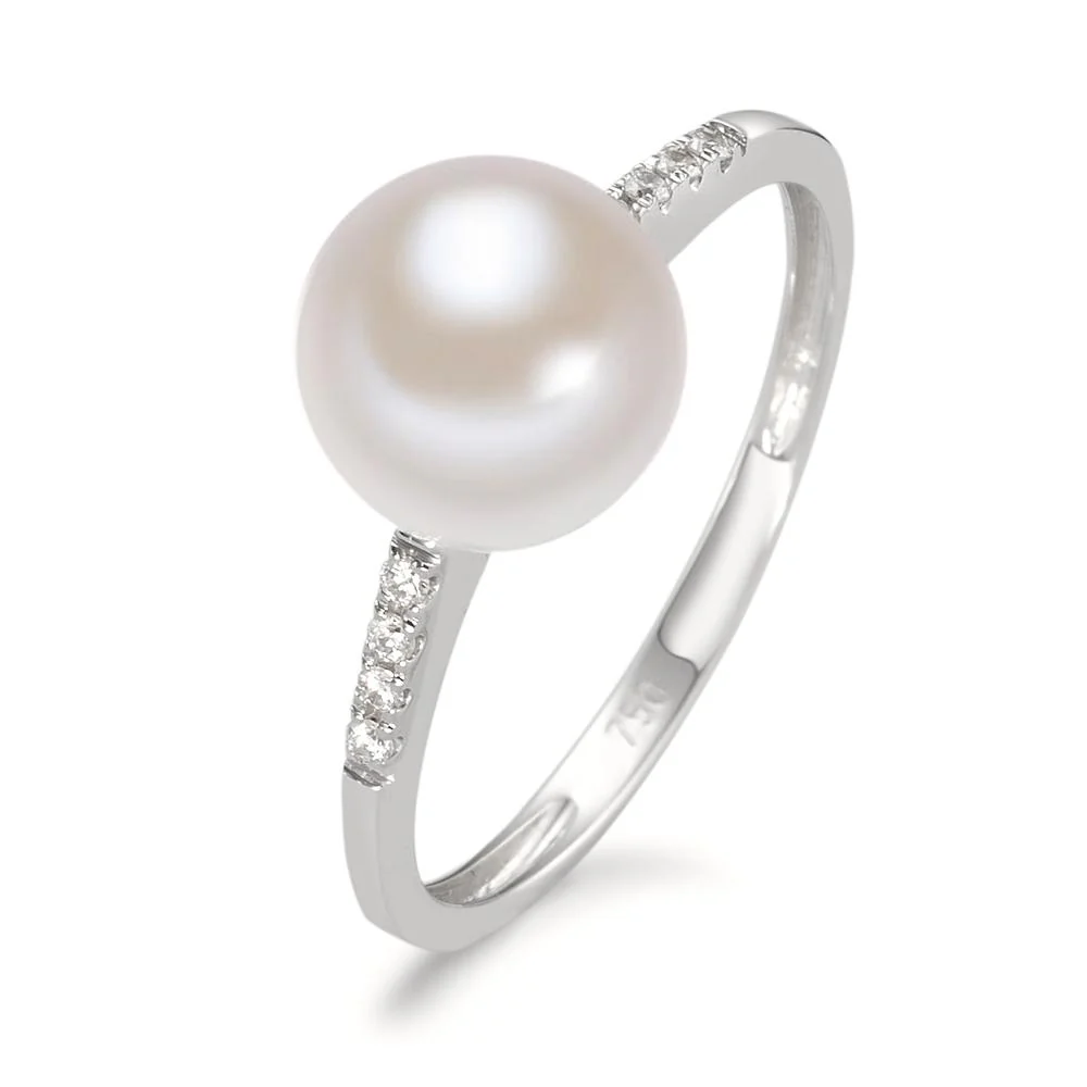 Anello Oro bianco 750/18 carati Diamante 0.03 ct, 8 pietra, w-si Perla coltivata d'acqua dolce bianco, 7.5 mm