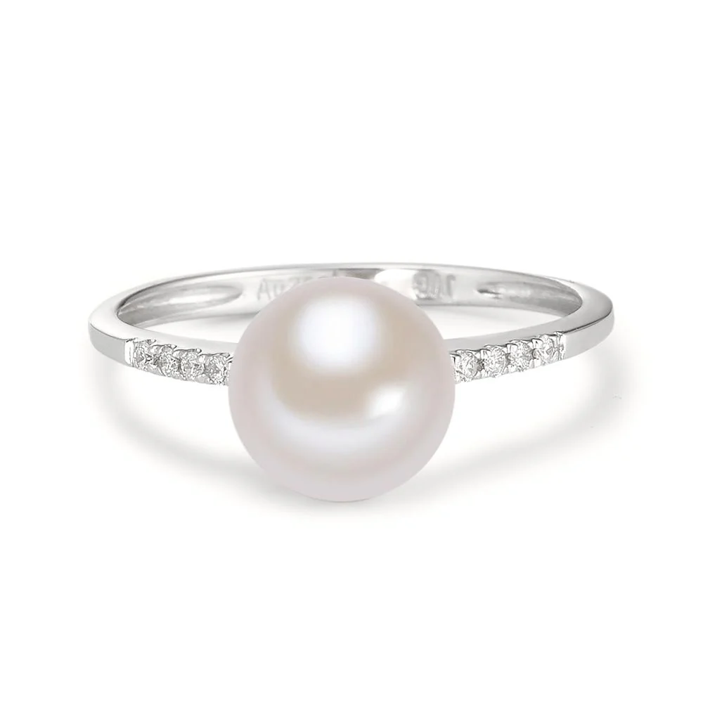 Anello Oro bianco 750/18 carati Diamante 0.03 ct, 8 pietra, w-si Perla coltivata d'acqua dolce bianco, 7.5 mm - Image 3