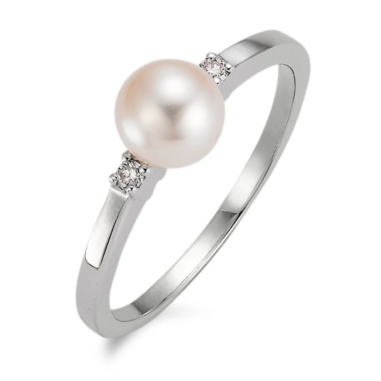 Anello Oro bianco 750/18 carati Diamante 0.04 ct, 2 pietra, w-si Perla coltivata d'acqua dolce bianco, 6 mm