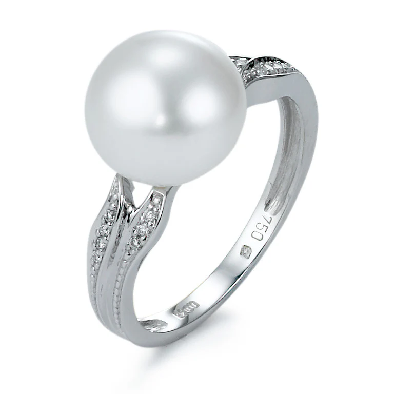 Anello Oro bianco 750/18 carati Diamante 0.045 ct, 14 pietra, [Brillant], w-si Perla coltivata d'acqua dolce 9.5-10 mm