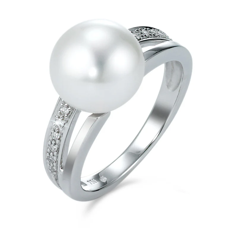 Anello Oro bianco 750/18 carati Diamante 0.06 ct, 12 pietra, [Brillant], w-si Perla coltivata d'acqua dolce 9.5-10 mm