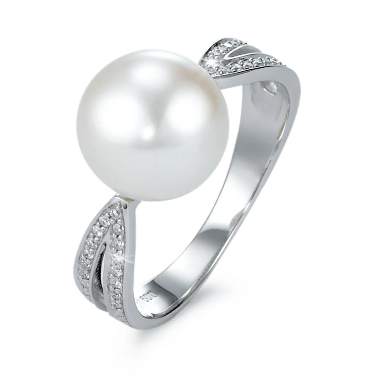 Anello Oro bianco 750/18 carati Diamante 0.09 ct, 30 pietra, [Brillant], w-si Perla coltivata d'acqua dolce 9.5-10 mm