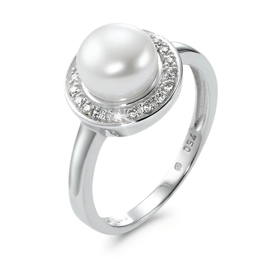 Anello Oro bianco 750/18 carati Diamante 0.10 ct, 20 pietra, w-pi1 Perla coltivata d'acqua dolce bianco, 7.5 mm