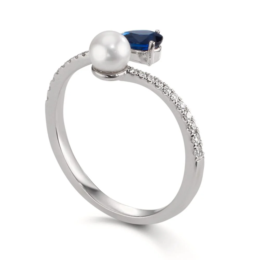 Anello Oro bianco 750/18 carati Diamante 0.105 ct, w-si, Zaffiro Perle Akoya 3.5-4 mm - Image 2