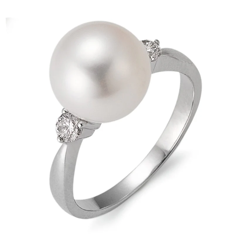 Anello Oro bianco 750/18 carati Diamante 0.24 ct, 2 pietra, w-si Perla coltivata d'acqua dolce bianco, 10 mm
