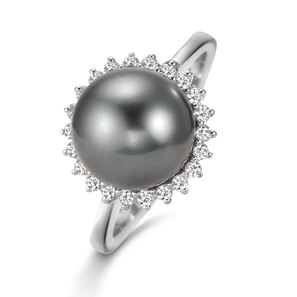 Anello Oro bianco 750/18 carati Diamante 0.27 ct, 22 pietra, w-si Perla di Tahiti Grigio, 10 mm