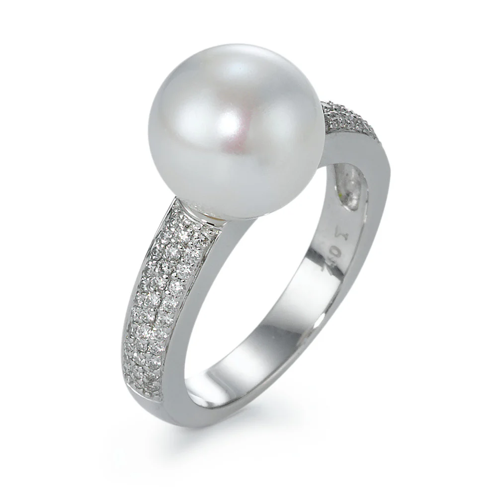 Anello Oro bianco 750/18 carati Diamante 0.32 ct, 66 pietra, w-si Perla coltivata d'acqua dolce bianco, 10 mm