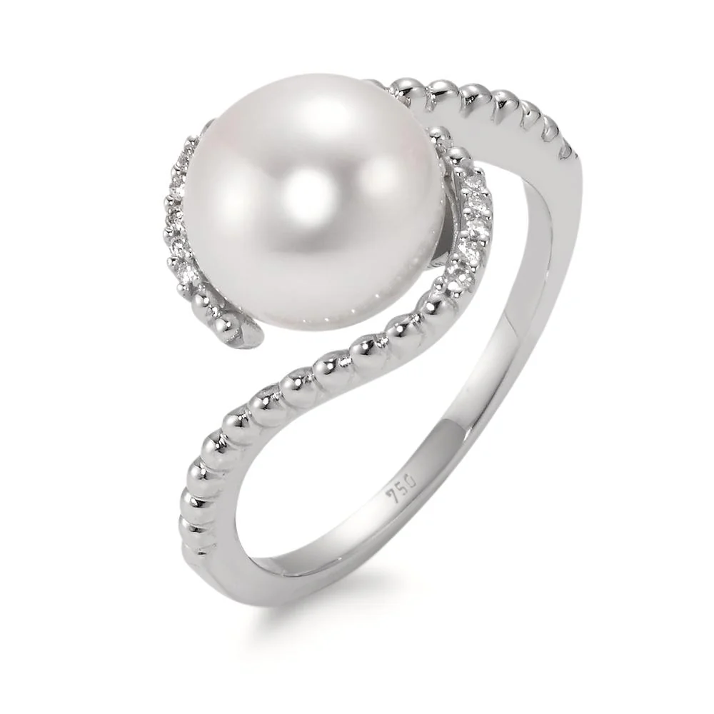 Anello Oro bianco 750/18 carati Diamante bianco, 0.045 ct, 10 pietra, [Brillant], w-si Perla coltivata d'acqua dolce bianco, 9.5 mm