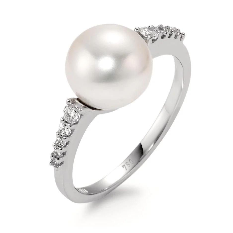 Anello Oro bianco 750/18 carati Diamante bianco, 0.14 ct, 10 pietra, [Brillant], w-si Perla coltivata d'acqua dolce, 8.5 mm