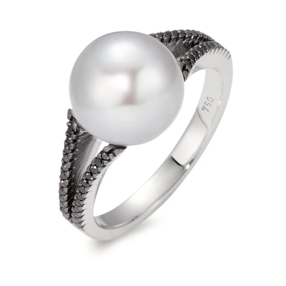 Anello Oro bianco 750/18 carati Diamante nero, 0.19 ct, 48 pietra, [Achtkant] Perla coltivata d'acqua dolce, 10.5 mm