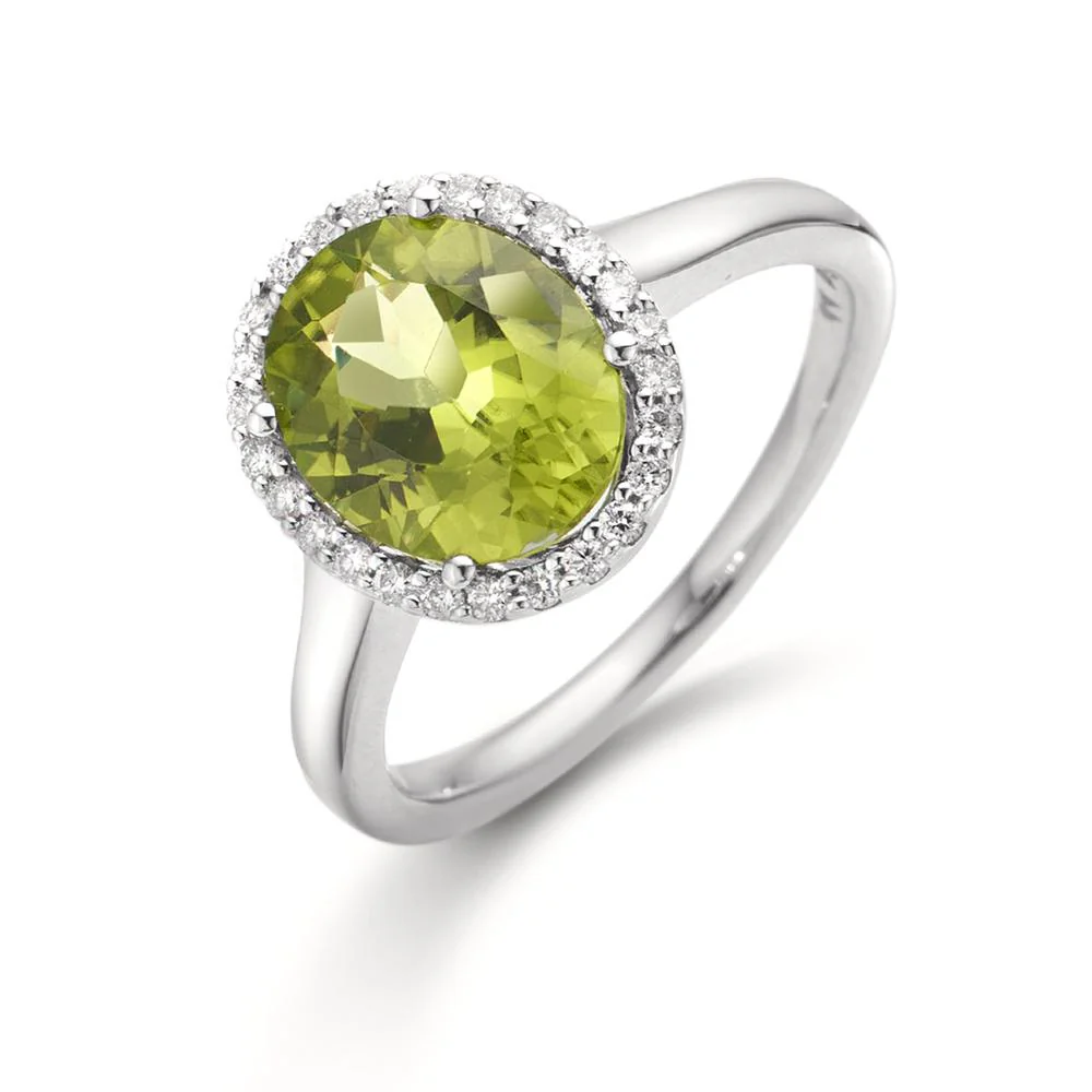 Anello Oro bianco 750/18 carati Peridoto verde, Diamante 0.15 ct, 26 pietra, tw-vsi
