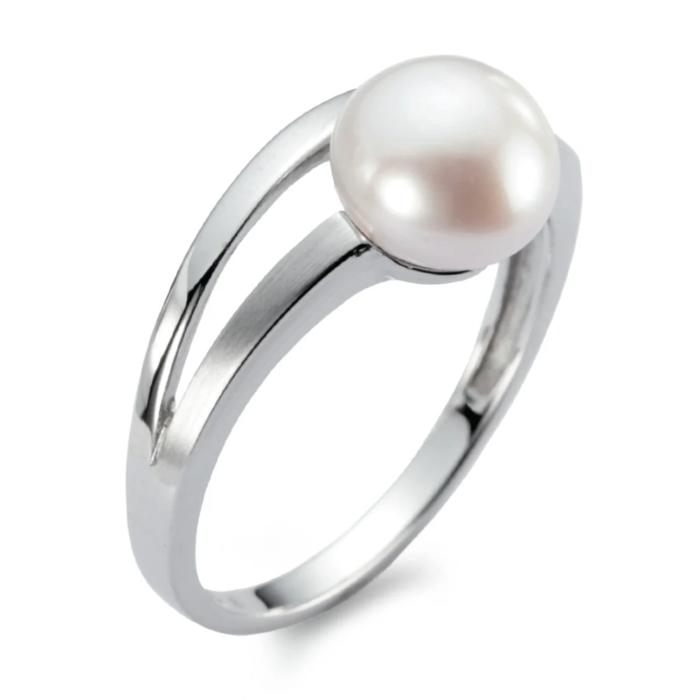 Anello Oro bianco 750/18 carati Perla coltivata d'acqua dolce bianco, 8 mm