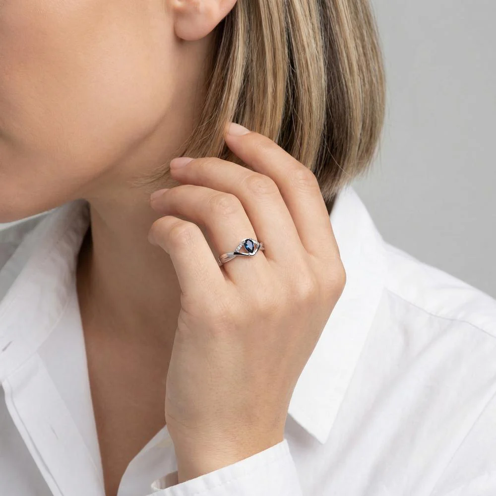 Anello Oro bianco 750/18 carati Zaffiro blu, [Tropfen], Diamante 0.01 ct, 2 pietra - Image 4