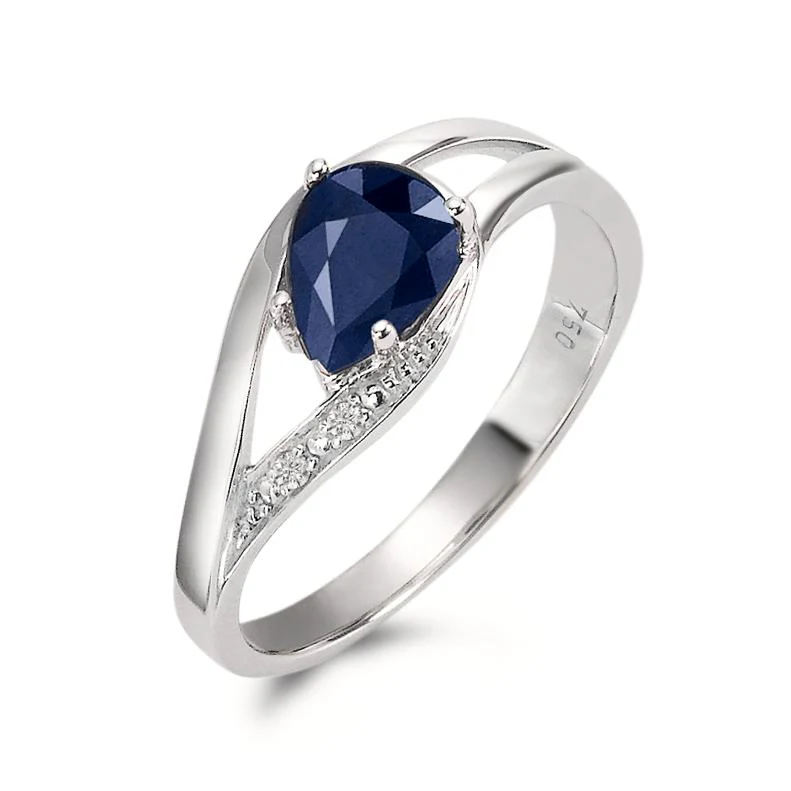 Anello Oro bianco 750/18 carati Zaffiro blu, [Tropfen], Diamante bianco, 0.01 ct, w-pi1