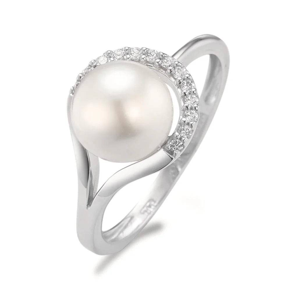 Anello Oro bianco 750/18 carati Zirconia 13 pietra Perla coltivata d'acqua dolce bianco, 7.5 mm