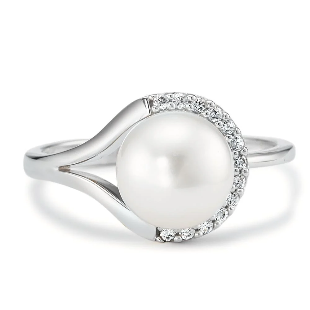 Anello Oro bianco 750/18 carati Zirconia 13 pietra Perla coltivata d'acqua dolce bianco, 7.5 mm - Image 2