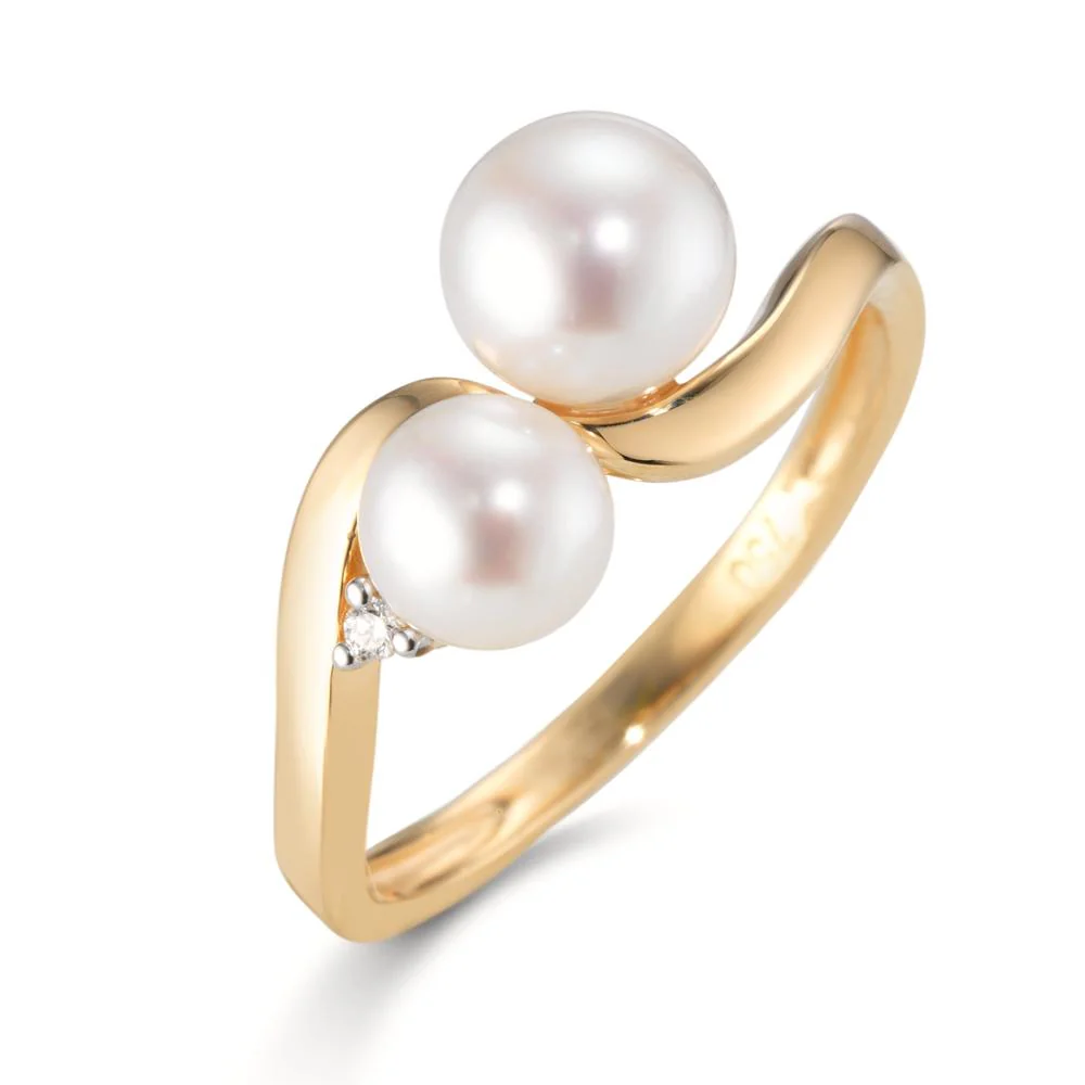 Anello Oro giallo 750/18 carati Diamante 0.01 ct, w-si Perla coltivata d'acqua dolce, 2 Perla 5.5-6.5 mm