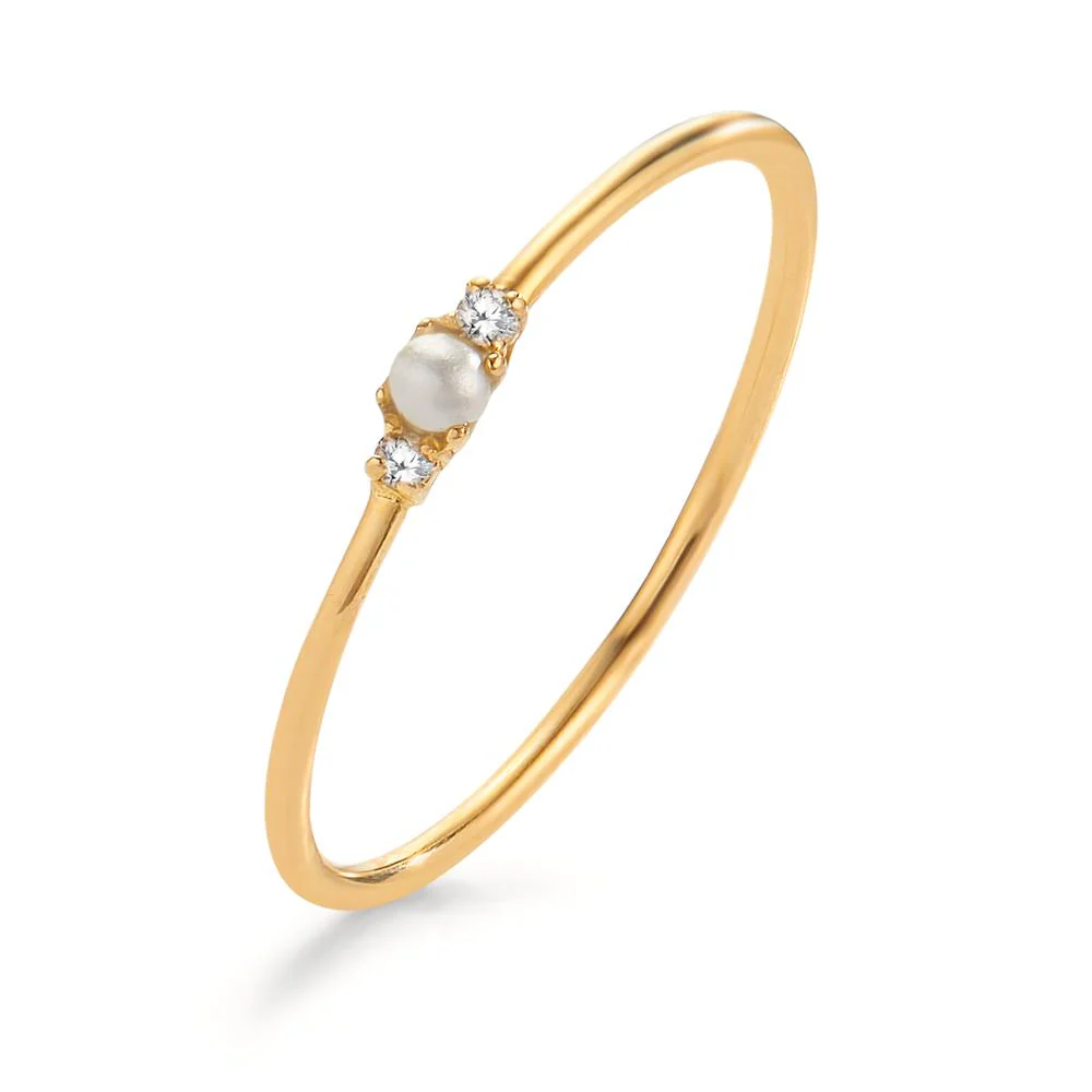 Anello Oro giallo 750/18 carati Diamante 0.02 ct, 2 pietra, w-si Perla coltivata d'acqua dolce bianco, 2 mm