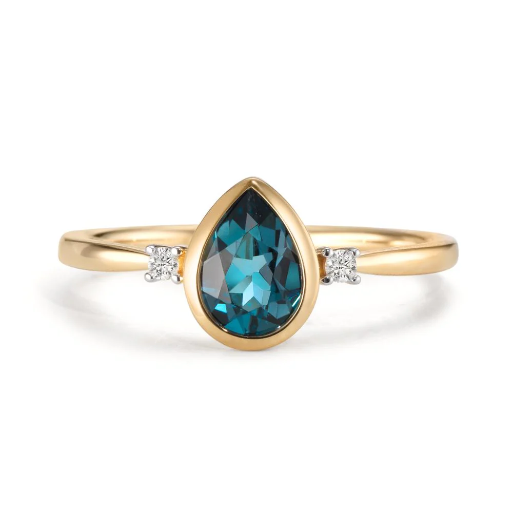 Anello Oro giallo 750/18 carati Diamante 0.03 ct, 2 pietra, w-si, Topazio azzurro di Londra - Image 2
