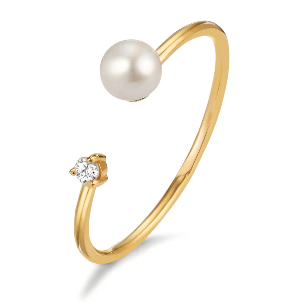 Anello Oro giallo 750/18 carati Diamante 0.03 ct, w-si Perla coltivata d'acqua dolce bianco, 4 mm