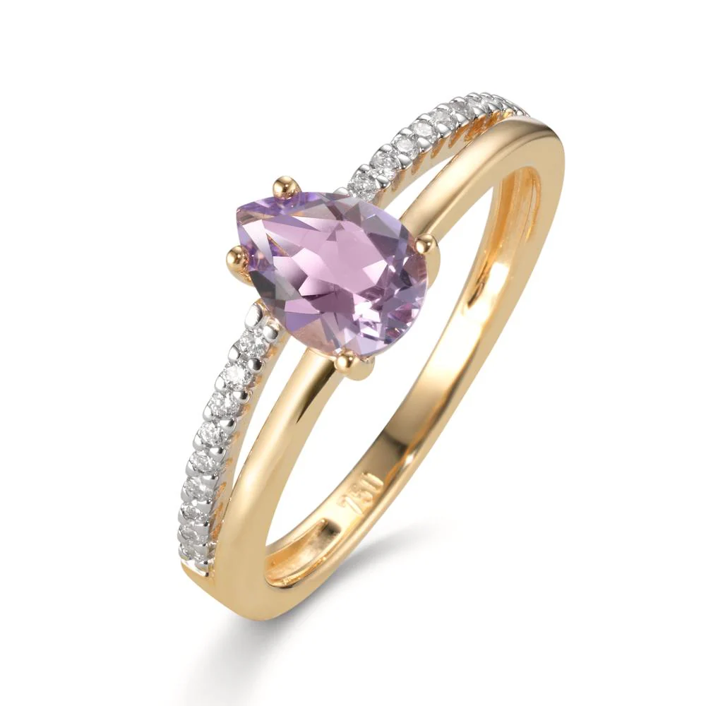 Anello Oro giallo 750/18 carati Diamante 0.08 ct, 18 pietra, w-si, Ametista