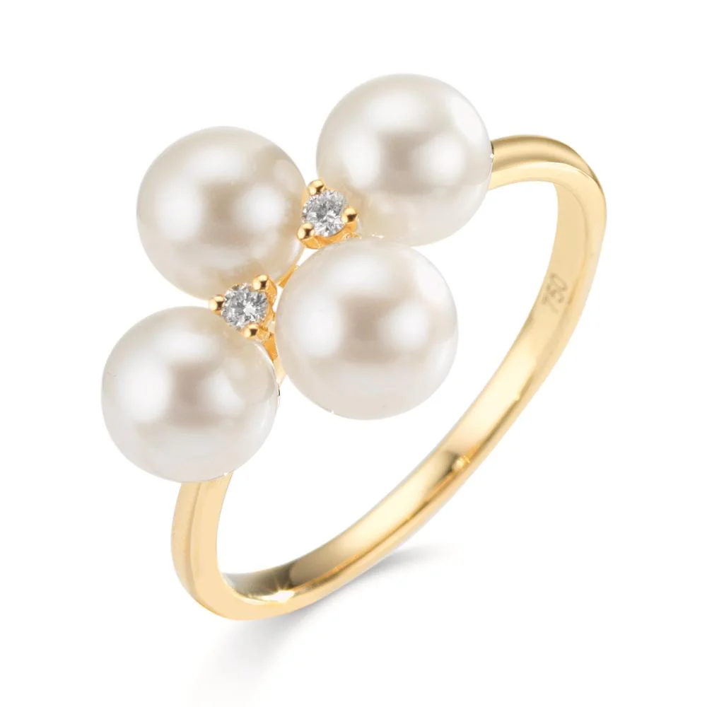Anello Oro giallo 750/18 carati Diamante 0.30 ct, 2 pietra, w-si Perla coltivata d'acqua dolce, 4 Perla 5.5-6 mm