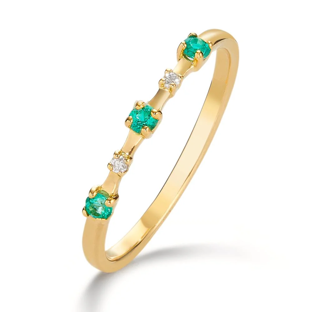 Anello Oro giallo 750/18 carati Smeraldo 0.10 ct, 3 pietra, Diamante 0.016 ct, 2 pietra, w-si
