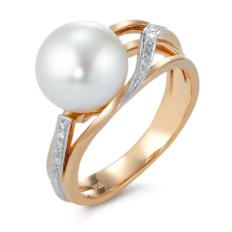 Anello Oro rosso 750/18 carati Diamante 0.08 ct, 16 pietra, [Brillant], w-si Perla coltivata d'acqua dolce 9.5-10 mm
