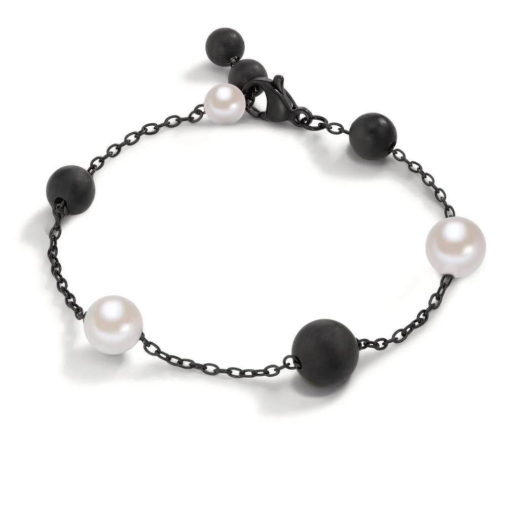 Bracciale Acciaio inossidabile, Alluminio nero rivestimento IP Perla di conchiglia bianco, 4 Perla, 7 mm Ø8 mm