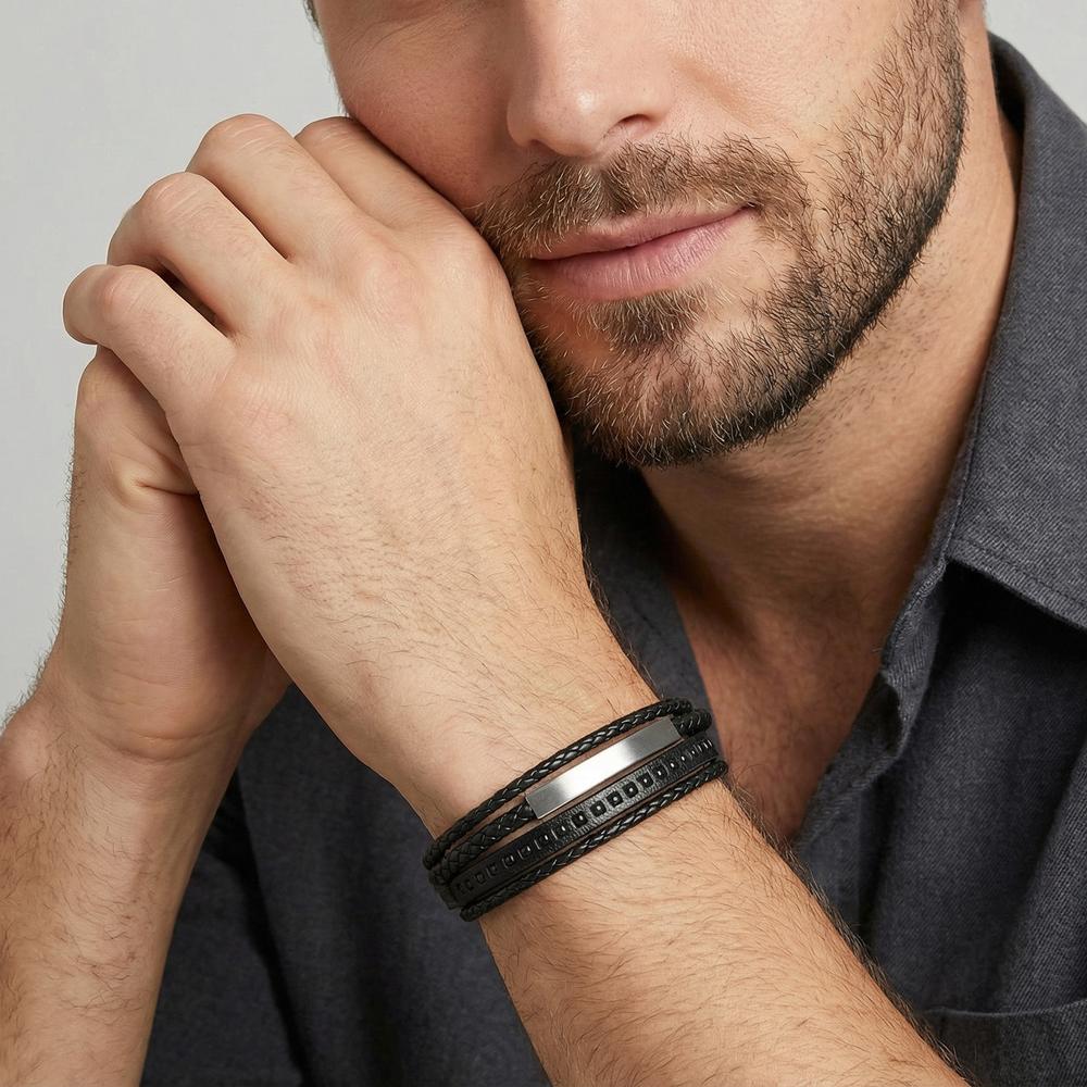 Bracciale Acciaio inossidabile, Pelle Agata nero 21-22 cm - Image 4