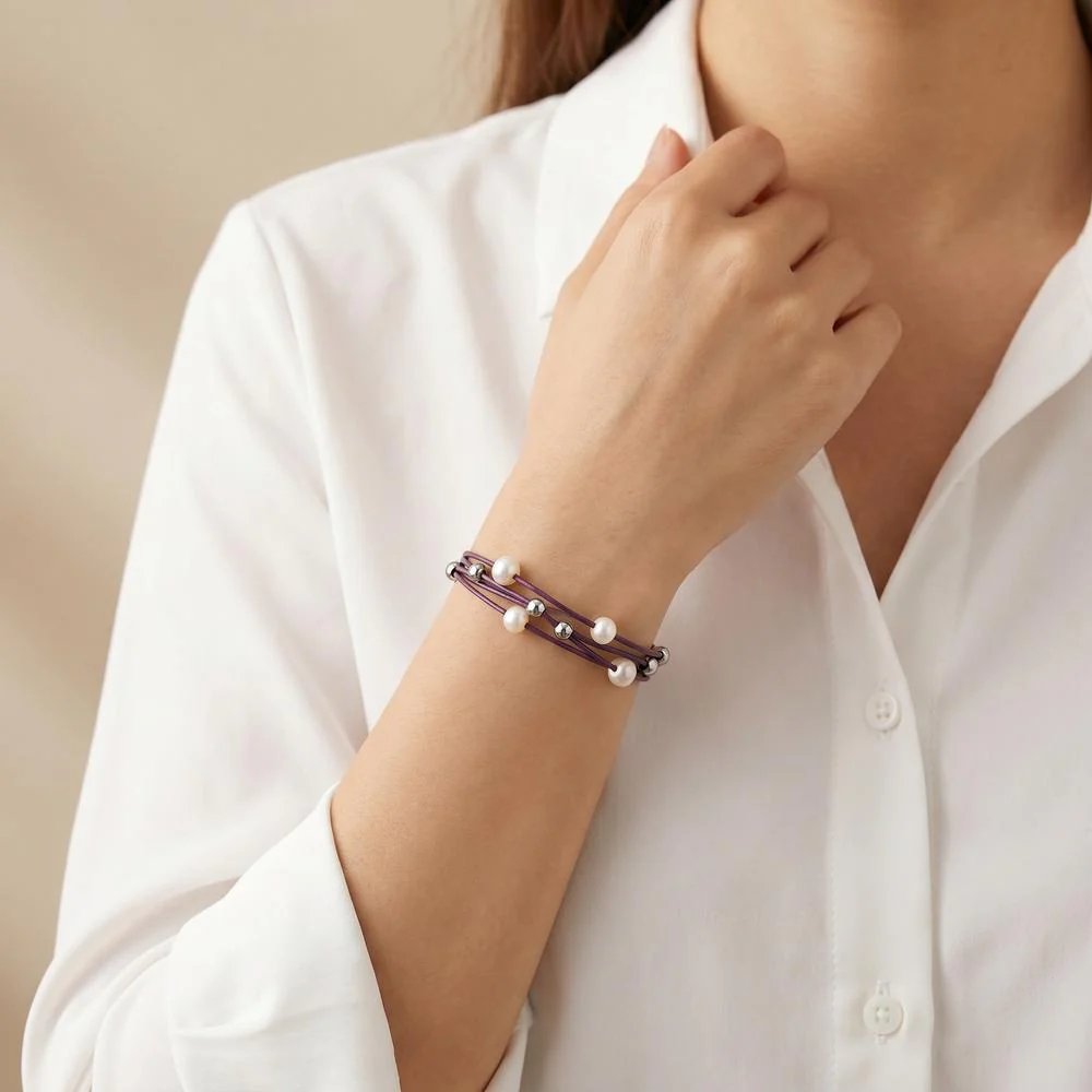 Bracciale Acciaio inossidabile, Pelle Perla coltivata d'acqua dolce bianco, 6 Perla, 8 mm - Image 2