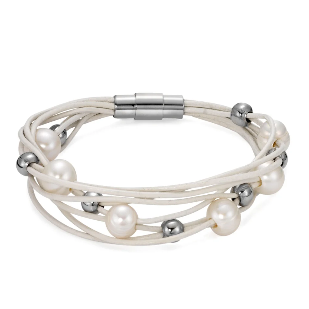 Bracciale Acciaio inossidabile, Pelle Perla coltivata d'acqua dolce bianco, 6 Perla, 8 mm