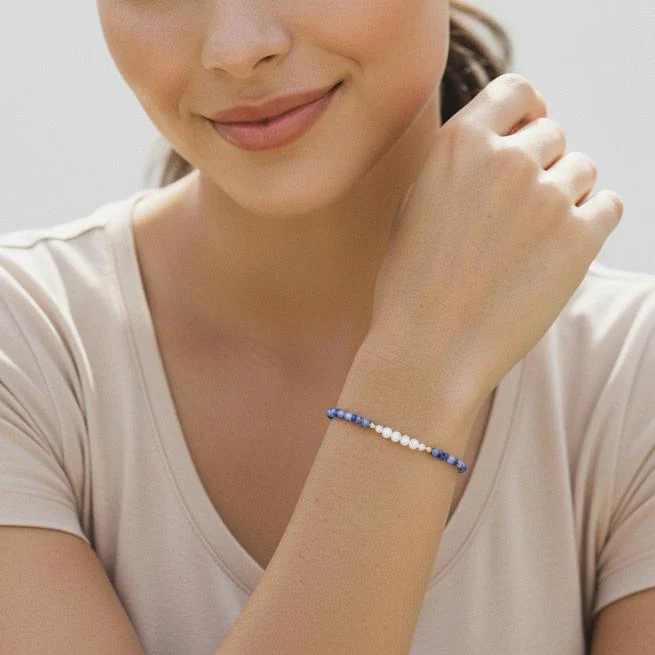 Bracciale Acciaio inossidabile Sodalite blu, 2 mm giallo rivestimento IP Perla coltivata d'acqua dolce, 7 Perla 3-3.5 mm - Image 2