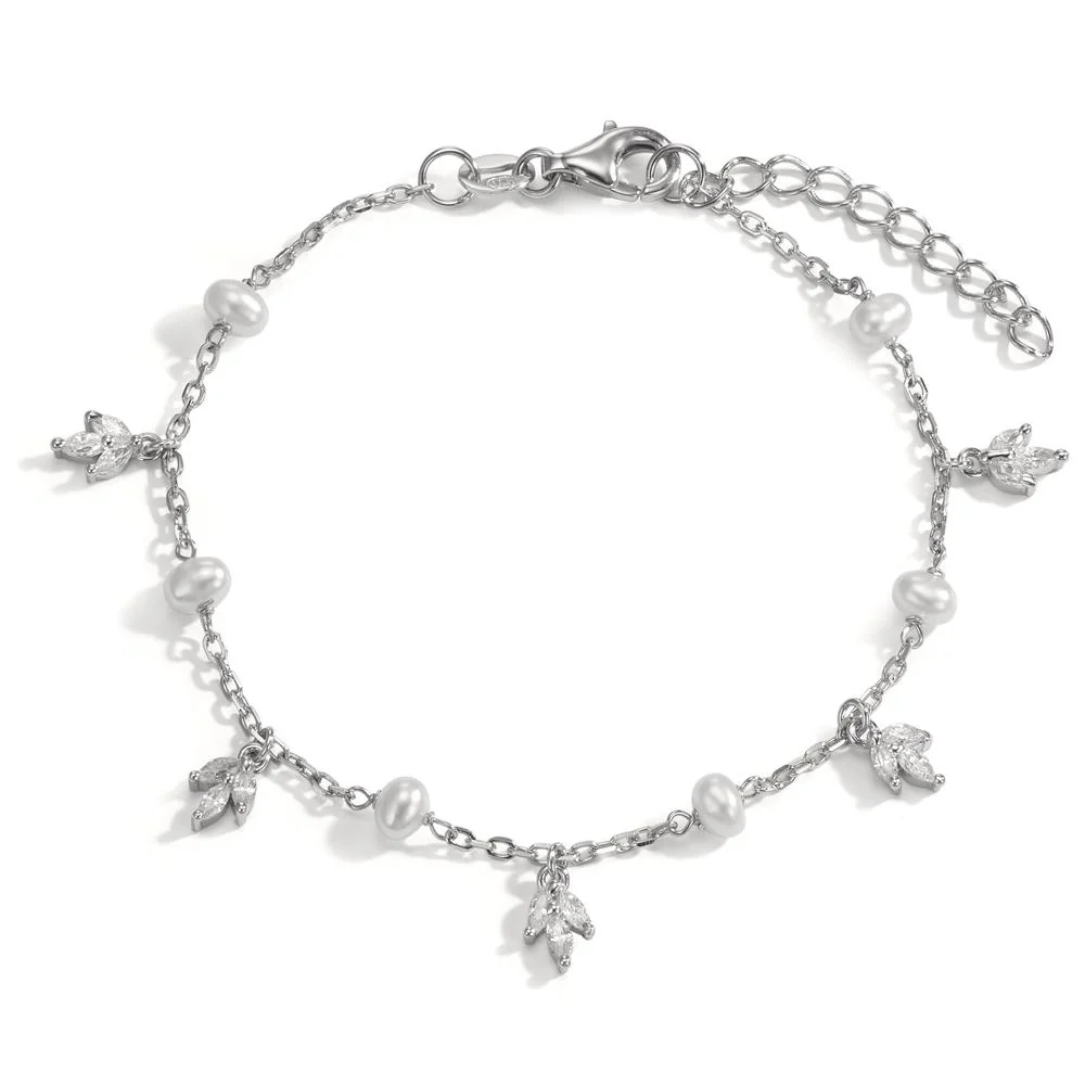 Bracciale Argento Zirconia 15 pietra rodiato Perla coltivata d'acqua dolce bianco, 6 Perla, 3.5 mm 15.5-18.5 cm
