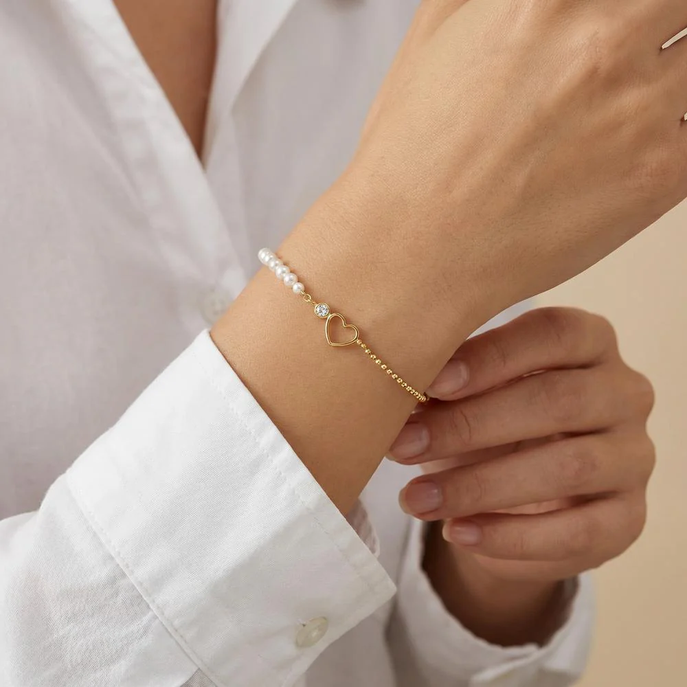 Bracciale Argento Zirconia 2 pietra giallo dorato [shining Pearls], 10 Perla 3-4 mm Cuore - Image 3