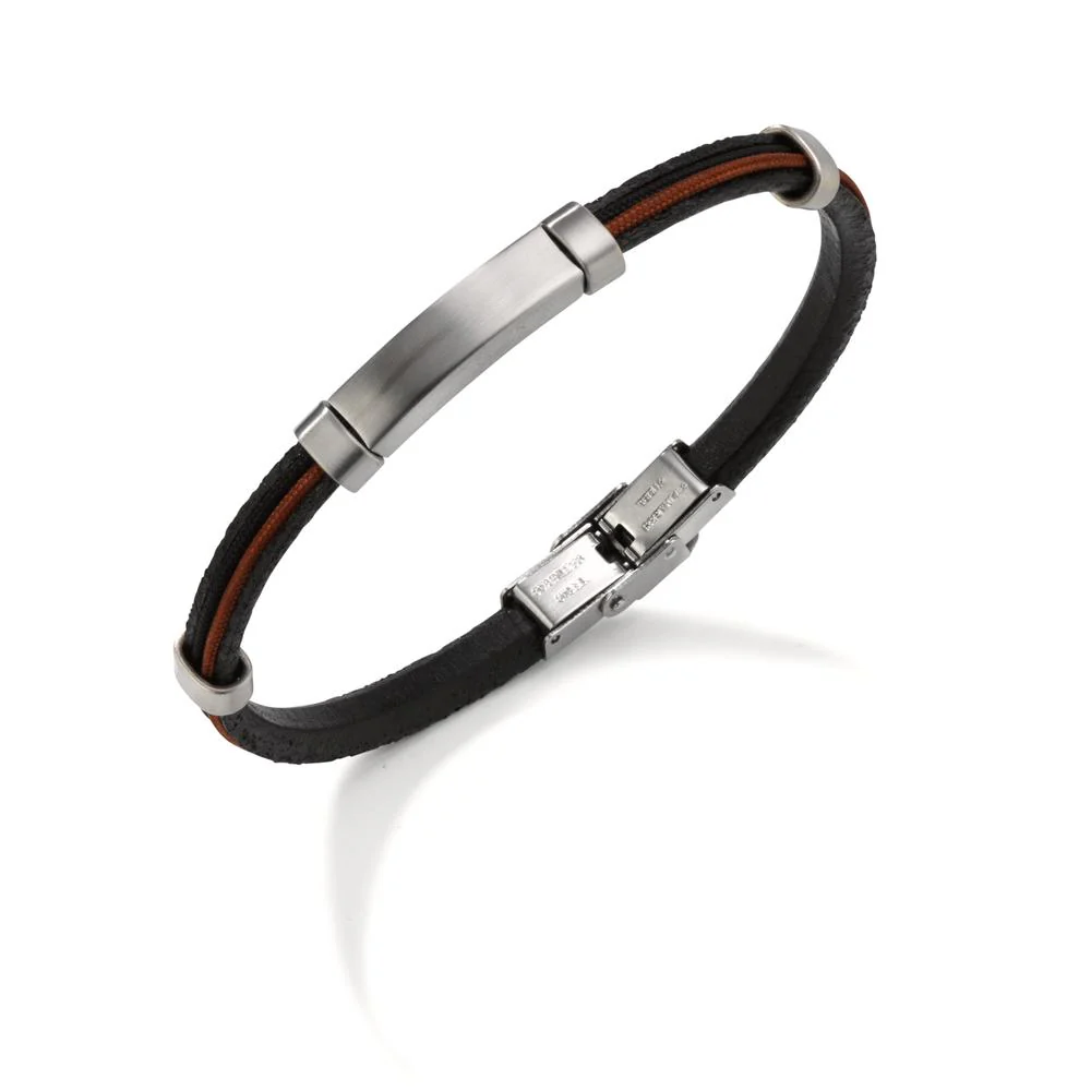 Bracciale con incisione Acciaio inossidabile, Pelle 22 cm - Image 3