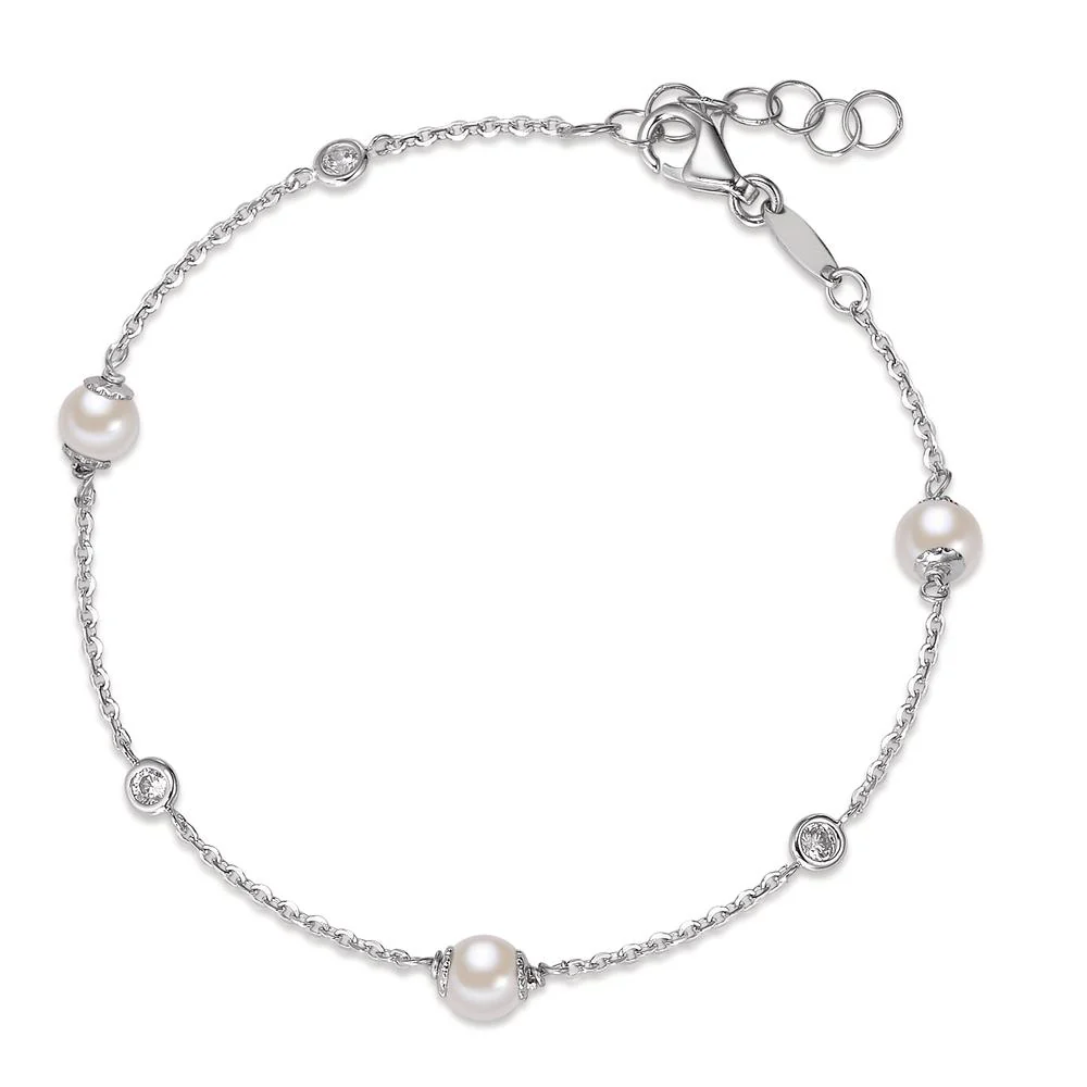 Bracciale Oro bianco 750/18 carati Zirconia 3 pietra Perla coltivata d'acqua dolce bianco, 3 Perla, 4.5 mm 16-18 cm